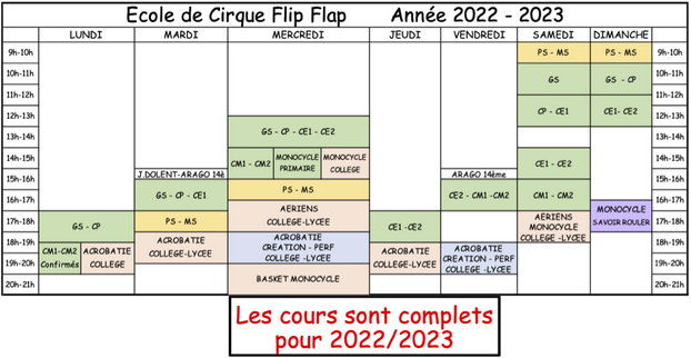 Horaires et tarifs - Ecole de Cirque Flip Flap, Paris 14ème - Année 2022 - 2023