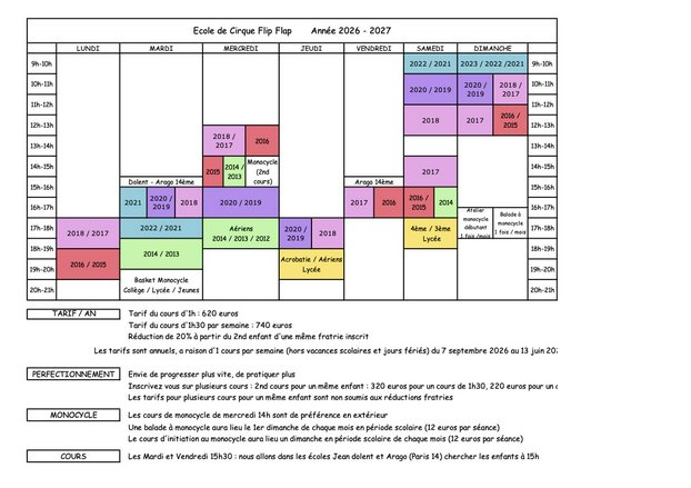 Horaires et tarifs - Ecole de Cirque Flip Flap, Paris 14ème - Année 2026 - 2027