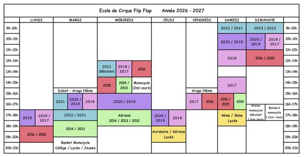 Horaires et tarifs - Ecole de Cirque Flip Flap, Paris 14ème - Année 2026 - 2027