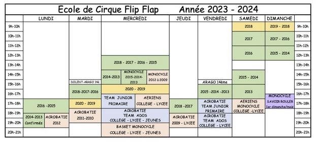 Horaires et tarifs - Ecole de Cirque Flip Flap, Paris 14ème - Année 2023 - 2024